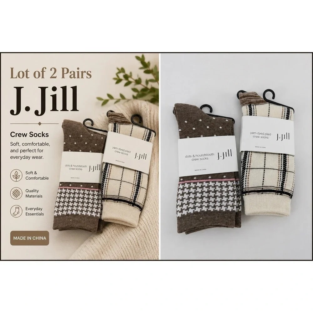 J.Jill Crew 2 Pair Socks NWT Dots Houndstooth Plaid Brown Pink Cozy Womens OSFM
